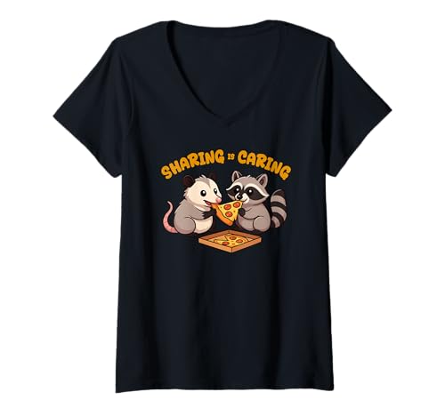 Damen Waschbär Sharing is Caring Opossum Pizza Jungen Mädchen Kinder T-Shirt mit V-Ausschnitt von RaccoonOpossumAxis1