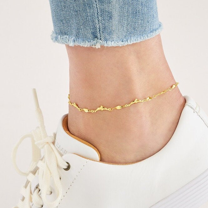 14K Solid Gold Delfin Fußkettchen Im Gelbgold, Strand Schmuck, Marine Leben Geschenke Für Frau, Glückliche Delfine Verstellbares von Rachveli