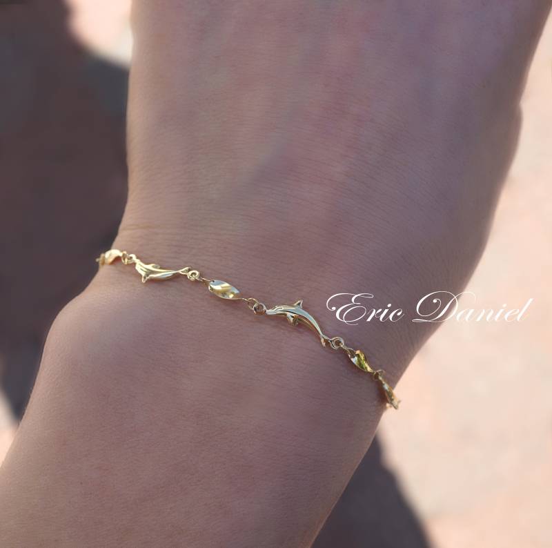 14K Solid Gold Springende Delfine Armband in Gelbgold, Symbole Der Harmonie, Freude Und Spirituelle Verbindung Mit Dem Meer, Geschenk Freiheit von Rachveli