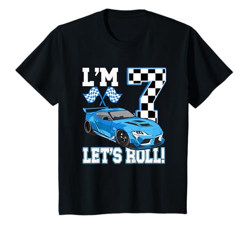 Let's Roll Kinder 7. Geburtstag Junge 7 Jahre alt Rennauto T-Shirt von Racing Car Theme Birthday Outfit for Kids