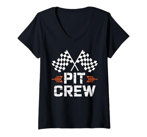 Damen Pit Crew Motorsport Gekreuzte Flaggen Team Racing T-Shirt mit V-Ausschnitt von Racing Pit Crew Unity Motorsport Fans PIT CREW