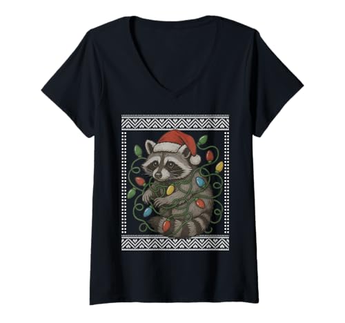 Damen Weihnachten Waschbär hässlicher Pullover, Waschbär Weihnachtsmannmütze T-Shirt mit V-Ausschnitt Damen Weihnachten Waschbär hässlicher Pullover, Waschbär Weihnachtsmannmütze T-Shirt mit V-Ausschnitt von Racoon Christmas sweater