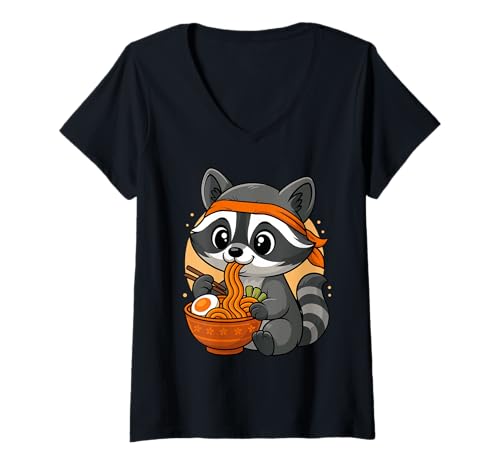 Damen Kawaii Racoon Eating Ramen Grafik Japanischer Waschbär Grafik T-Shirt mit V-Ausschnitt Damen Kawaii Racoon Eating Ramen Grafik Japanischer Waschbär Grafik T-Shirt mit V-Ausschnitt von Racoon Eating Ramen Funny Japanese Kawaii Design