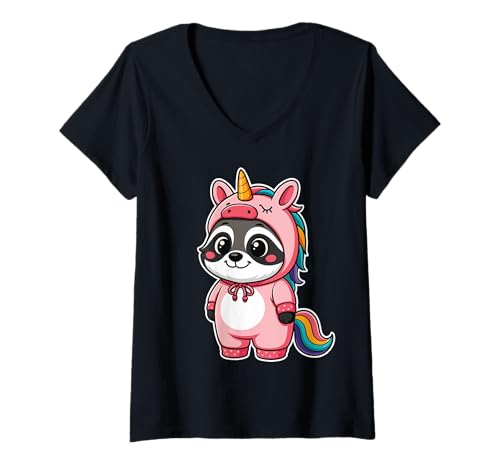 Damen Kawaii Waschbär im Einhorn Kostüm für Mädchen Kinder Einhorn T-Shirt mit V-Ausschnitt von Racoon In Unicorn Costume Kawaii Design