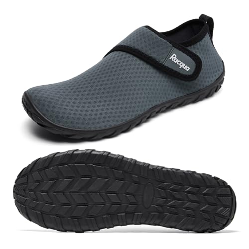 Racqua Wasserschuhe Schwimmschuhe Damen Strandschuhe Herren Badeschuhe Mit Klettverschluss Schwimmen Barfuss Schnelltrocken Wasserschuhe Strandschuhe Frauen Unisex Grau EU41 von Racqua