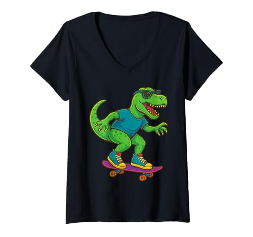 Damen Buntes Skateboard-T-Rex mit Sonnenbrille T-Shirt mit V-Ausschnitt Damen Buntes Skateboard-T-Rex mit Sonnenbrille T-Shirt mit V-Ausschnitt von Rad Skating Animals Apparel