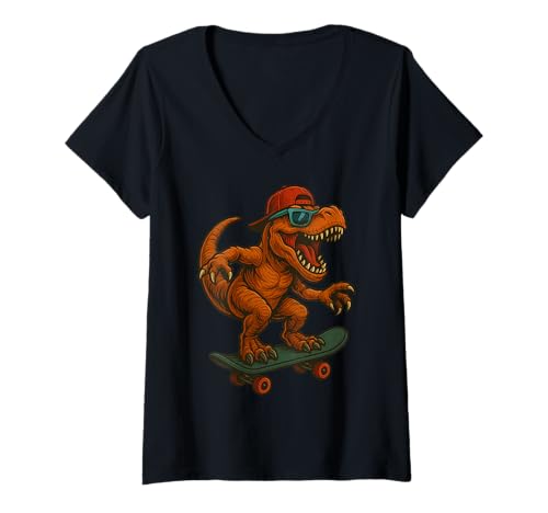 Damen Buntes Skateboard-T-Rex mit Sonnenbrille T-Shirt mit V-Ausschnitt Damen Buntes Skateboard-T-Rex mit Sonnenbrille T-Shirt mit V-Ausschnitt von Rad Skating Animals Apparel