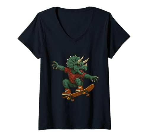 Damen Buntes Skateboarding-Triceratops-Dinosaurier-Design T-Shirt mit V-Ausschnitt Damen Buntes Skateboarding-Triceratops-Dinosaurier-Design T-Shirt mit V-Ausschnitt von Rad Skating Animals Apparel