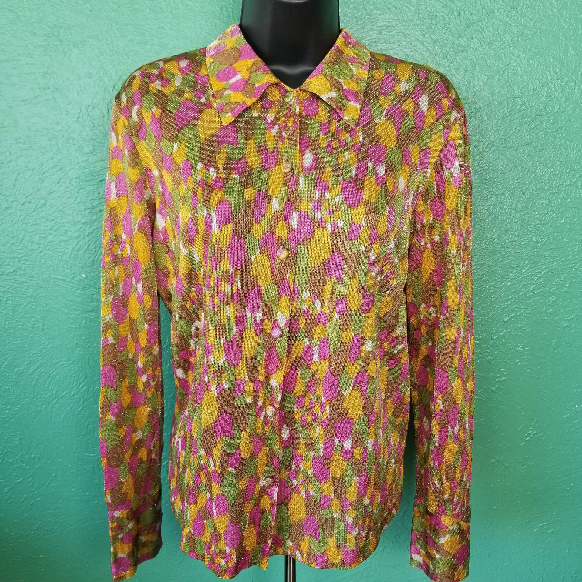 Vintage 60Er Jahre Polyester Marie Rose Bluse Shirt Pastell Rosa Und Gelb Midcentury Moderne Mid Mod Hippie Größe Groß von RadDudes