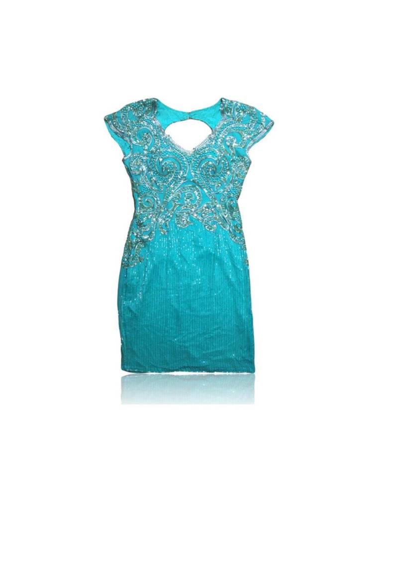 80Er Jahre Aqua Türkis Perlen Pailletten Bodycon Kleid/Mini Cocktailkleid Schlüsselloch Zurück Genäht in Gepolsterten Bh Größe 9 10 von RadThingsVintage