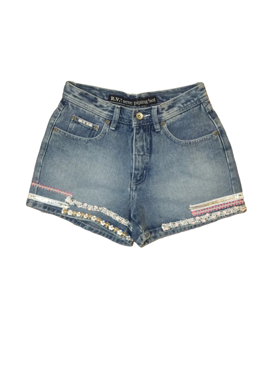 90Er Jahre/Floraler Spitze Pailletten Dekorative Trim Hohe Taillierte Hosen R.v.t.serve Heiß Größe 5 6 von RadThingsVintage