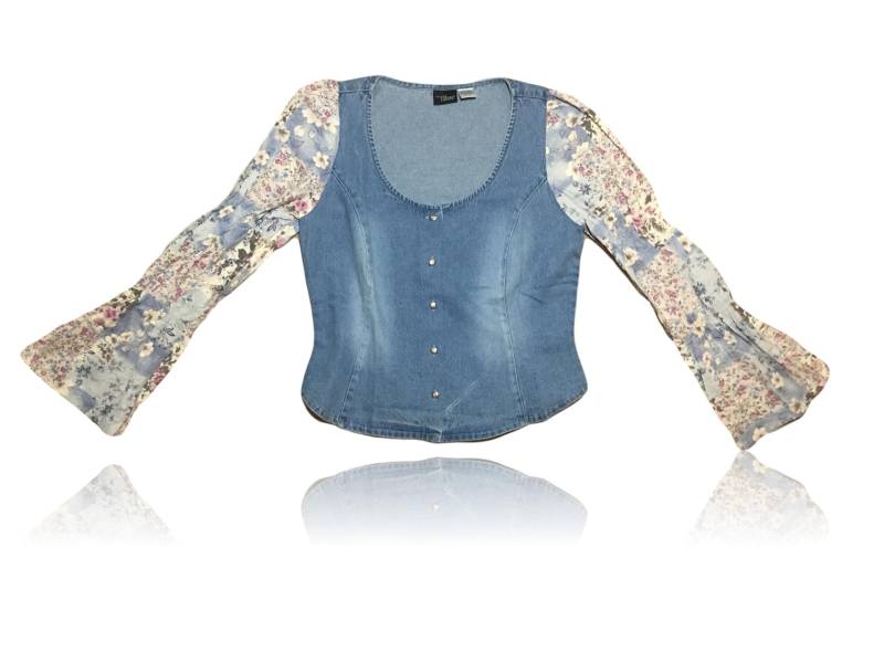 90Er Jahre Denim Top Floral Scrunched Bell Ärmel/Button Nach Vorne Größe 10 von RadThingsVintage