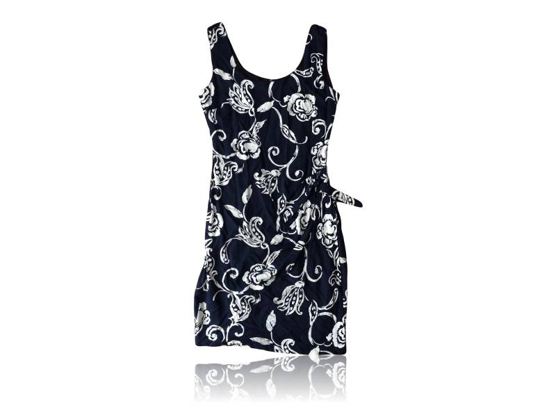 90Er Jahre Marineblau Und Weiß Floral Mini Wickelkleid/Seite Krawatte Kleid Größe 3/4 Leicht Abgewinkelt Positive Haltung von RadThingsVintage