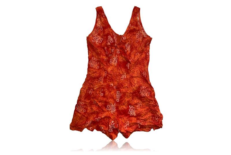 90Er Rot Orange Abstrakter Mini Strampler/Rouched Front Büste Bereich Basic Additions von RadThingsVintage