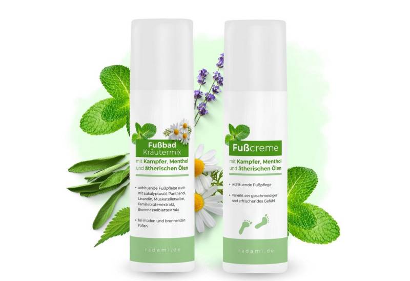 Radami Fußcreme Fußpflege Set Fuß Creme mit ätherischen Ölen und Fußbad je 150ml von Radami