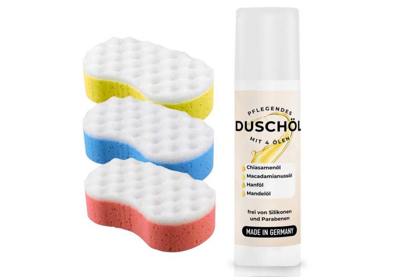 Radami Körperöl Duschöl Öl mit natürlichen Ölen und Panthenol 150ml + 3 Badeschwamm von Radami