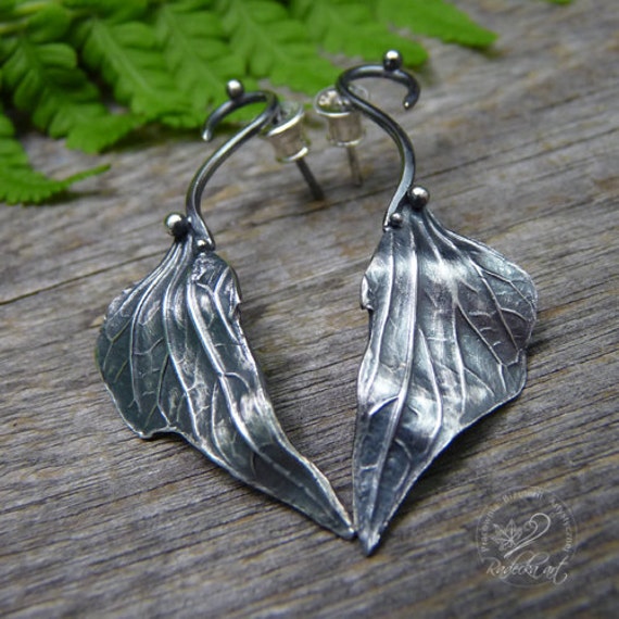 Fee Ohrstecker Silber Ohrringe, Ohrstecker, Blätter Sterling Handgemacht, Natur Schmuck, Metal Clay Ohrringe von RadeckaArt