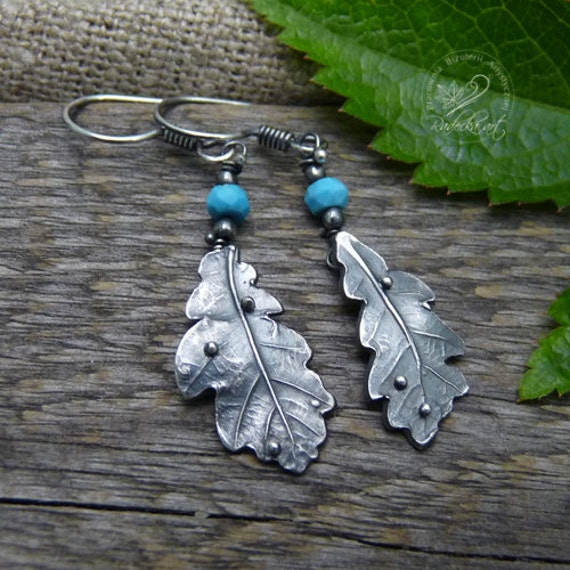 Silber Blatt Ohrringe, Türkis Schmuck, Eichenblatt, Blattsilber, Boho Metall Ohrringe von RadeckaArt