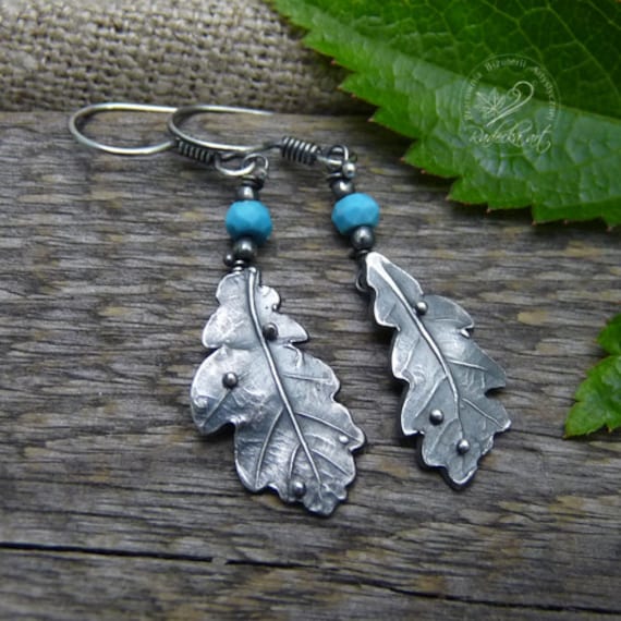 Silber Blatt Ohrringe, Türkis Schmuck, Eichenblatt, Blattsilber, Boho Metall Ohrringe Silber Blatt Ohrringe, Türkis Schmuck, Eichenblatt, Blattsilber, Boho Metall Ohrringe von RadeckaArt