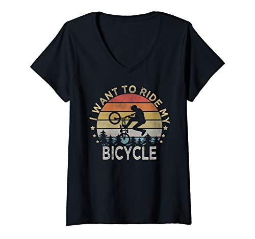 Damen I want to ride my bicycle | Cycling Cyclist T-Shirt mit V-Ausschnitt von Radfahren Radfahrer Radfahrer Geschenke