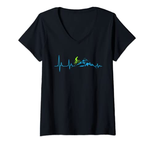 Damen Mountainbike Herzschlag Herz Herzfrequenz Berge MTB T-Shirt mit V-Ausschnitt Damen Mountainbike Herzschlag Herz Herzfrequenz Berge MTB T-Shirt mit V-Ausschnitt von Radfahrer Fahrrad MTB Geschenke BMX Fahrradfahrer