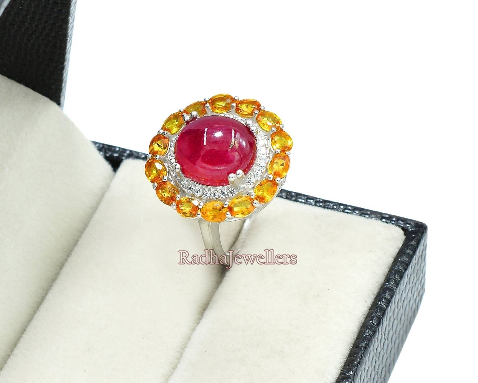 Natürliche Rubin Cabochon & Gelb Saphir Ring, 925 Sterling Silber Schmuck, Geburtsstein Frauen Cluster Ehering, Geschenk Für Frau von RadhaJewellers