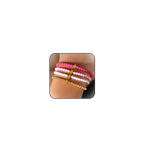 RadiVibe Armband Damen Set Gold Elastisches Seil Disc Perlen Armband Set Regenbogen Kreuz Perlen Armbänder Boho Golden Perlen Armband Sommer Strand Armband für Frauen Mädchen-4Pcs von RadiVibe