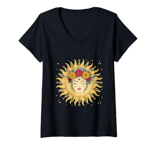 Damen Boho Sonnengöttin Gesicht mit Blumenkrone T-Shirt mit V-Ausschnitt von Radiant Bloom Studio