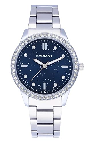 Radiant - Universe Kollektion - Analog Quarzuhr - Armbanduhr für Frauen. Silbernes Armbanduhr mit blauem Zifferblatt, silbernem Armband und glänzenden Steinen auf der Lünette. 3ATM. von Radiant