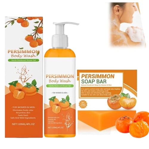Persimmon Body Wash and Persimmon Soap Bar Set, Natural Persimmon Soap & Body Wash Gel for Old People Smell, Fresh Scent, Deeply Cleansing & Moisturizing Body, for Women and Men (1) von RadiantRe