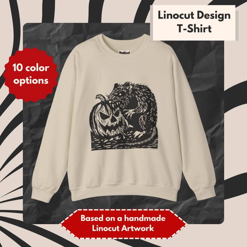 Halloween Ratte Kürbis Sweatshirt Handgefertigter Linolschnitt Gothic Pullover von RadicalGoodsByLara