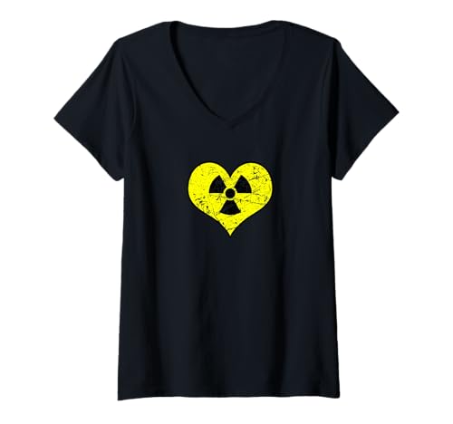 Damen Liebe Strahlung Radioaktives Zeichen Symbol Nuklear Vintage T-Shirt mit V-Ausschnitt Damen Liebe Strahlung Radioaktives Zeichen Symbol Nuklear Vintage T-Shirt mit V-Ausschnitt von Radioaktiv Atom Warnung Strahlung Nuklear Gefahr