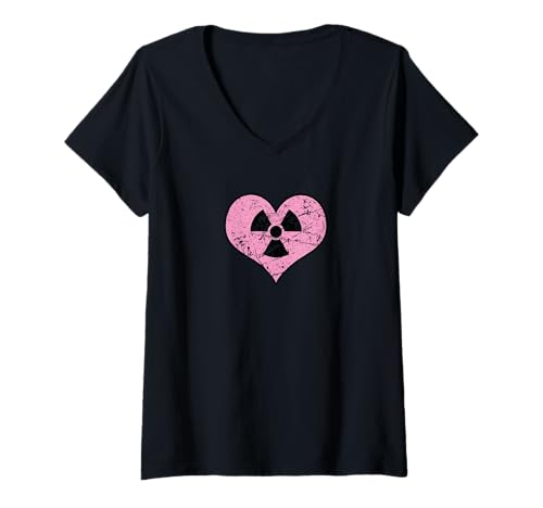 Damen Liebe Strahlung Radioaktives Zeichen Symbol Nuklear Vintage T-Shirt mit V-Ausschnitt Damen Liebe Strahlung Radioaktives Zeichen Symbol Nuklear Vintage T-Shirt mit V-Ausschnitt von Radioaktiv Atom Warnung Strahlung Nuklear Gefahr