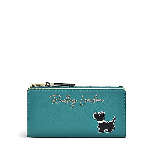 RADLEY London Signature Bifold Matinee Geldbörse für Damen, aus glattem Leder mit eingestanztem Scottie- und gedrucktem Logo-Schriftzug, Druckknopfverschluss und 12 Kartenfächer innen, Grünspanfarben, von Radley