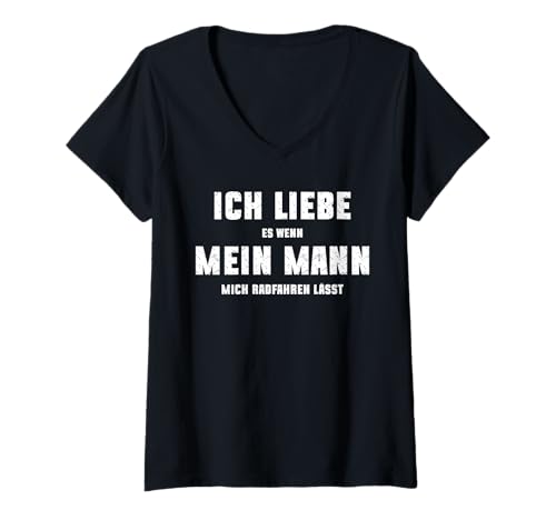 Damen Ich liebe mein Mann und Fahrrad fahren Fahrrad T-Shirt mit V-Ausschnitt von Radsport Radfahrer Bekleidung