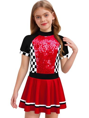 Raenseen Kinder Mädchen Rennfahrer Kostüm F1 Eröffnung Cheerleading Uniform Pailletten Kurzarm Leotard Kleid Rot 134-140 von Raenseen