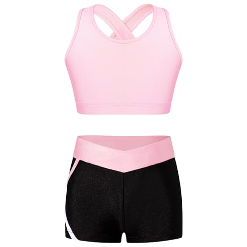 Raenseen Mädchen Kunstturnen Tank Top Crop Top Ärmellose Weste + Shorts Kurze Hose Moderner Tanzanzug Training Fitnessstudio Tennis Yoga Rosa 146-152 von Raenseen