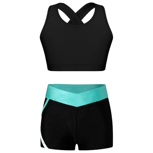 Raenseen Mädchen Kunstturnen Tank Top Crop Top Ärmellose Weste + Shorts Kurze Hose Moderner Tanzanzug Training Fitnessstudio Tennis Yoga Schwarz Blau Grün 134-140 von Raenseen