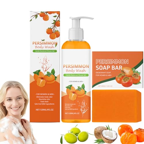 Kaki Duschgel und Kaki Seifenstück Set, Deodorant Duschgel zur Kontrolle von Körpergeruch, Deodorant Badeseife gegen Altersgeruch, desodorierender Geruchsbeseitiger für Frauen und Männer (1set) von Raevior