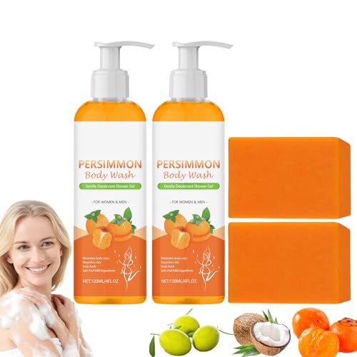 Kaki Duschgel und Kaki Seifenstück Set, Deodorant Duschgel zur Kontrolle von Körpergeruch, Deodorant Badeseife gegen Altersgeruch, desodorierender Geruchsbeseitiger für Frauen und Männer (2set) von Raevior