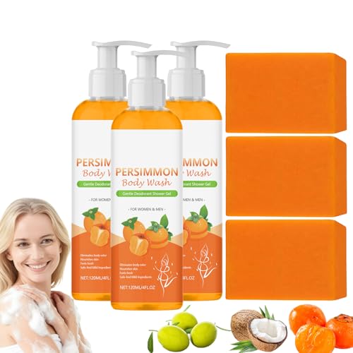 Kaki Duschgel und Kaki Seifenstück Set, Deodorant Duschgel zur Kontrolle von Körpergeruch, Deodorant Badeseife gegen Altersgeruch, desodorierender Geruchsbeseitiger für Frauen und Männer (3set) von Raevior