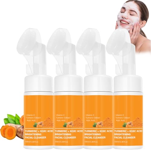 Turmeric Facial Cleanser mit Bürste, Kojic Acid Vitamin C Gesichtsreiniger für Damen Herren, Tiefenreinigender Schaum, Sanfte Aufhellung, Feuchtigkeitspflege für alle Hauttypen, 100ml (4pcs) von Raevior