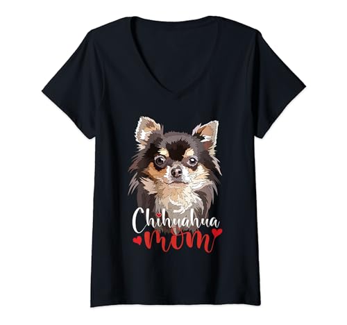 Damen Chihuahua Langhaar Chihuahua Langhaar Mama Hundeliebhaber T-Shirt mit V-Ausschnitt von Raf THE ARTIST Designs