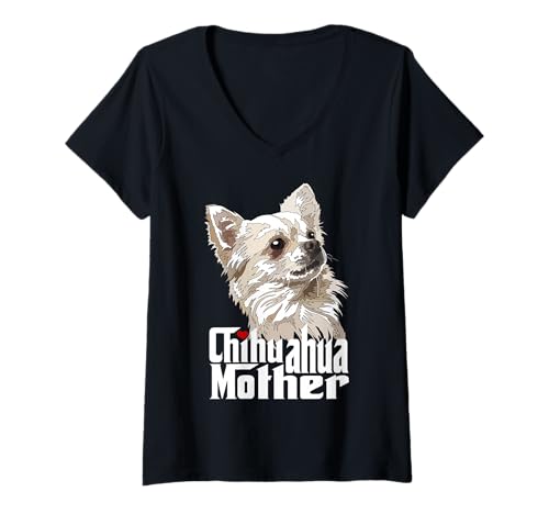 Damen Chihuahua Mutter Langhaar Chihuahua Mama Chiwawa Mama T-Shirt mit V-Ausschnitt von Raf THE ARTIST Designs