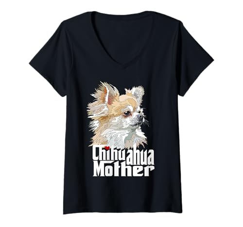 Damen Chihuahua-Mutter mit langen Haaren Chiwawa-Mutter Chihuahua-Mädchen T-Shirt mit V-Ausschnitt Damen Chihuahua-Mutter mit langen Haaren Chiwawa-Mutter Chihuahua-Mädchen T-Shirt mit V-Ausschnitt von Raf THE ARTIST Designs