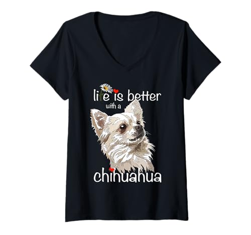 Damen Das Leben ist Besser mit einem Chihuahua-Chiwawa-Hund mit Langen Haaren T-Shirt mit V-Ausschnitt von Raf THE ARTIST Designs