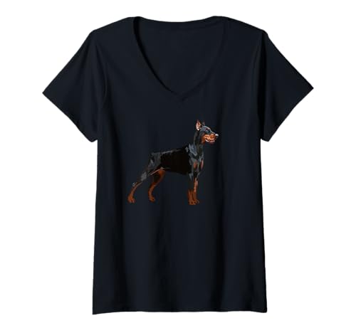 Damen Dobermann Dog Dobie Pinscher Hundeliebhaber T-Shirt mit V-Ausschnitt von Raf THE ARTIST Designs