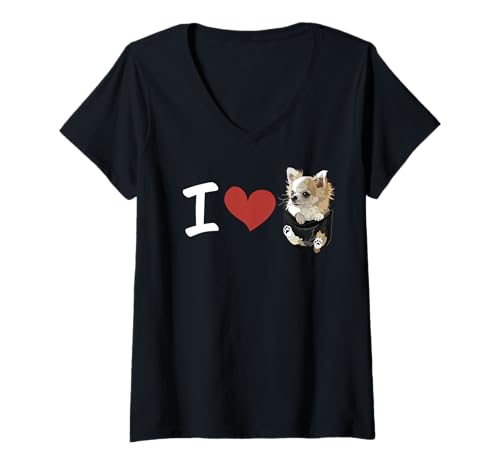 Damen Ich Liebe Chihuahua Langhaar Chiwawa Dog In Pocket Lover T-Shirt mit V-Ausschnitt von Raf THE ARTIST Designs