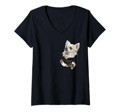 Damen Lustiger Chihuahua Hund in Tasche Langhaar Chiwawa Hundeliebhaber T-Shirt mit V-Ausschnitt von Raf THE ARTIST Designs