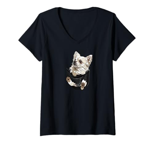 Damen Lustiger Chihuahua Hund in Tasche Langhaar Chiwawa Hundeliebhaber T-Shirt mit V-Ausschnitt von Raf THE ARTIST Designs